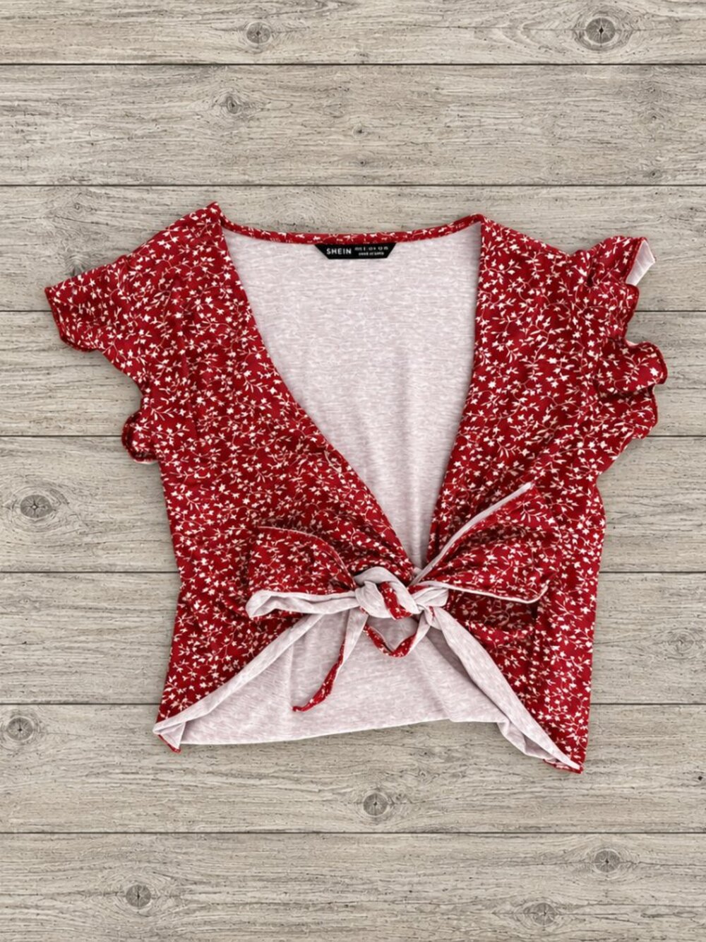 SHEIN Red & White Floral Tie Front Crop Top Flutter Sleeves Size L